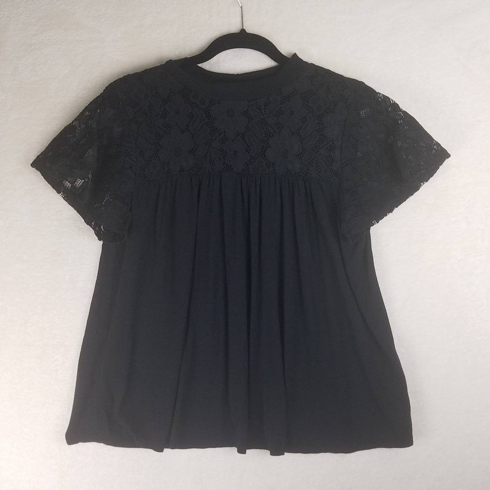 Kim and Cami Black Lace Yoke Flutter Sleeve Tunic Top XLarge flowing‎ swing soft